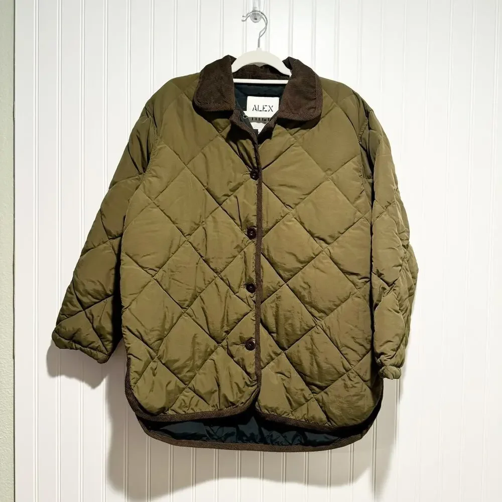Alex Mill Quinn Quilted Nylon Jacket Olive Green Size Medium Corduroy Collar